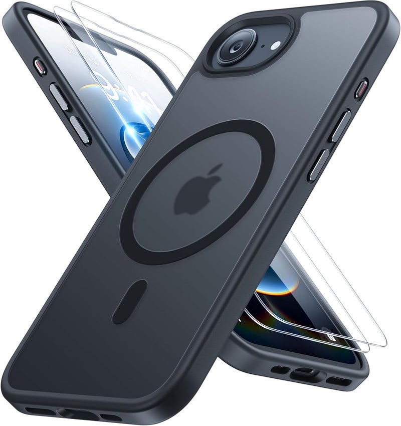 Miracase for iPhone 16e Case for MagSafe [with 2×9H+ Screen Protectors] TOP Military-Grade Protection Shockproof Scratch-Resistant with Velvet Touch for iPhone 16e Phone Case 6.1" Matte-Black - Image 1